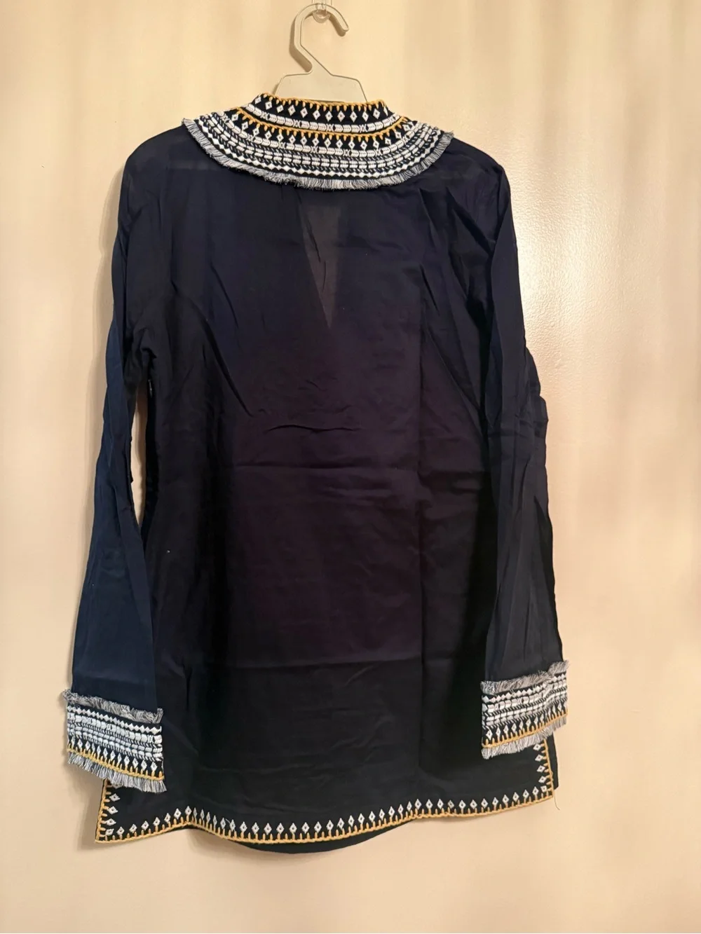 Tory Burch Navy Tunic Top with White Embroidery and Gold Trim